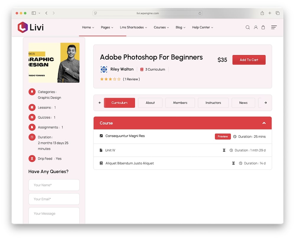 livi wordpress theme lms functionality