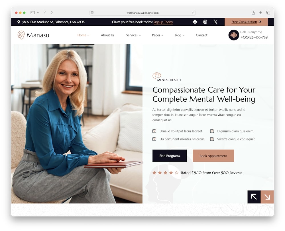 manasu mental health wordpress theme