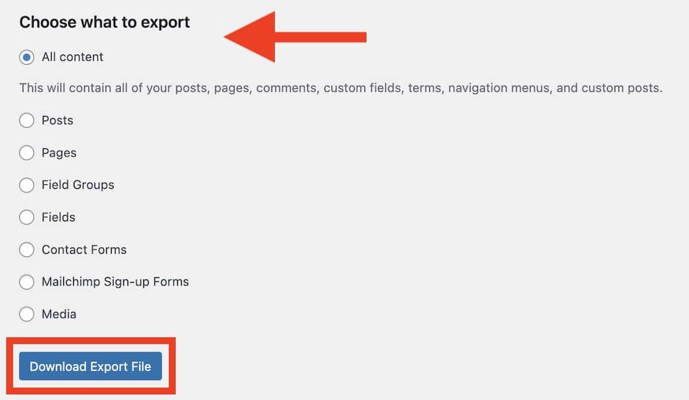 master using the wordpress export tool
