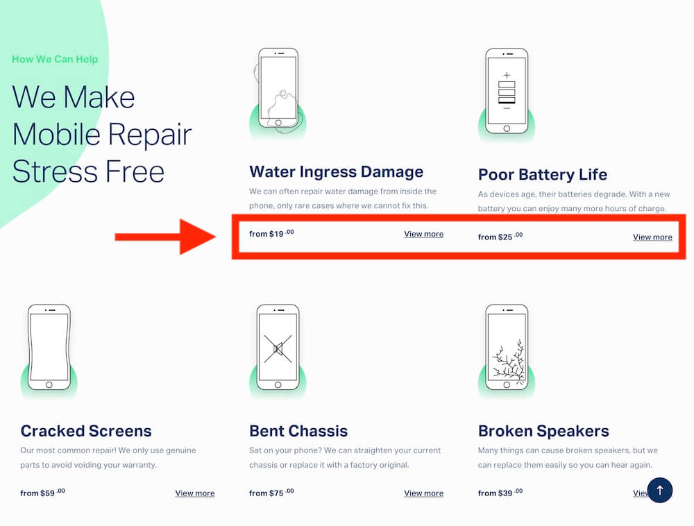 mobile repair pricing or estimate sections