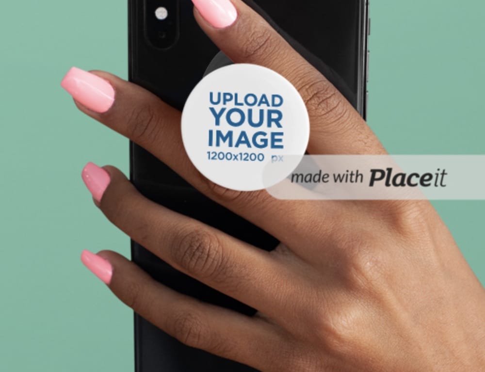 mockup of a hand holding a phone with a phone grip