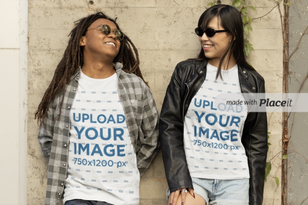 mockup of a man and a woman wearing matching t-shirts