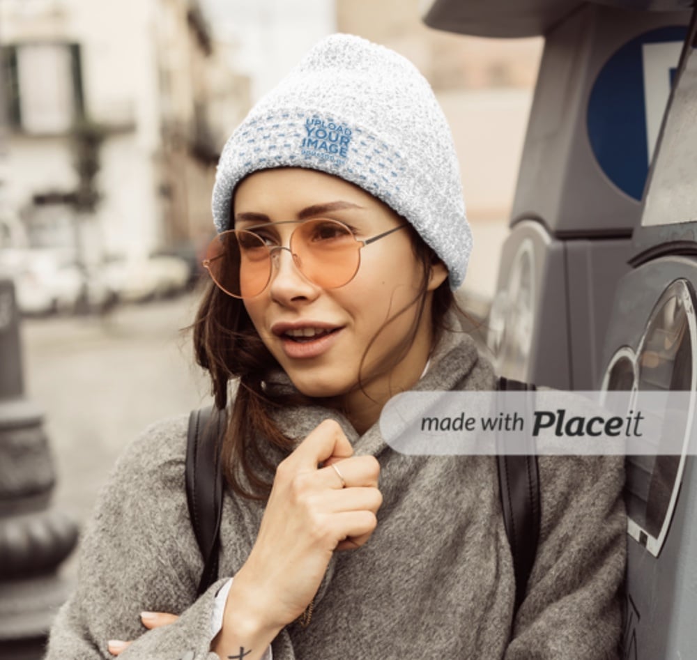 mockup of a woman wearing a wool beanie