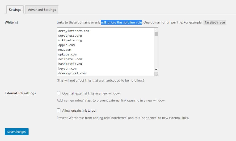 nofollow external links seo plugin settings