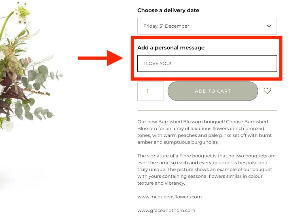 personal message fields on a flower shop