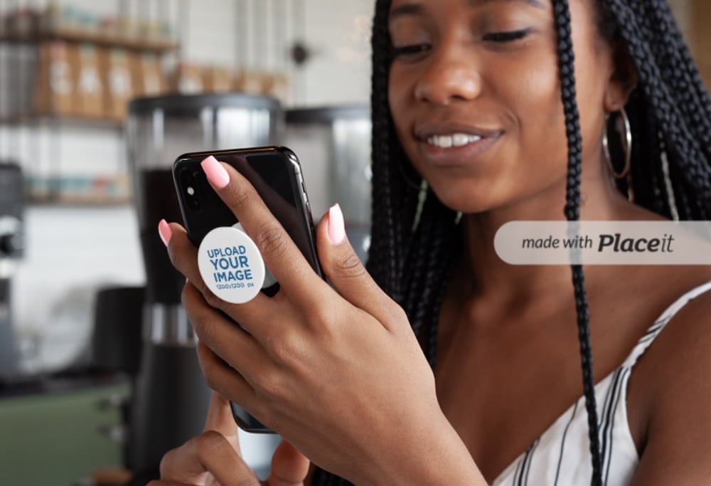 phone grip mockup of a woman checking her phone