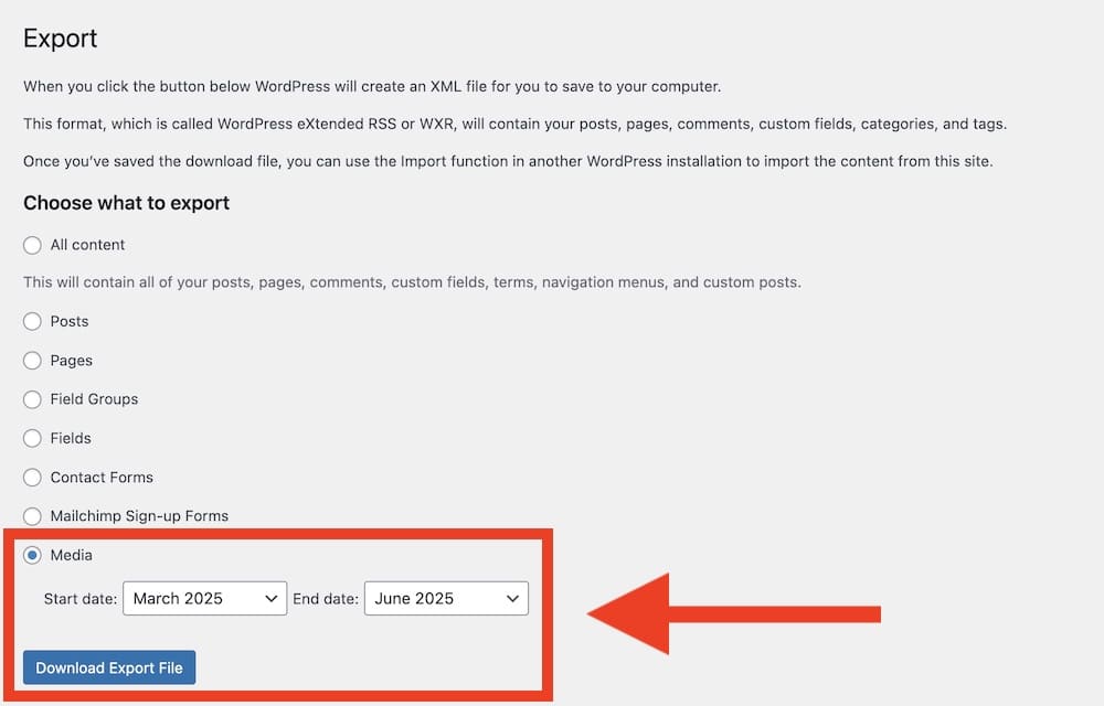 prepare for wordpress media export
