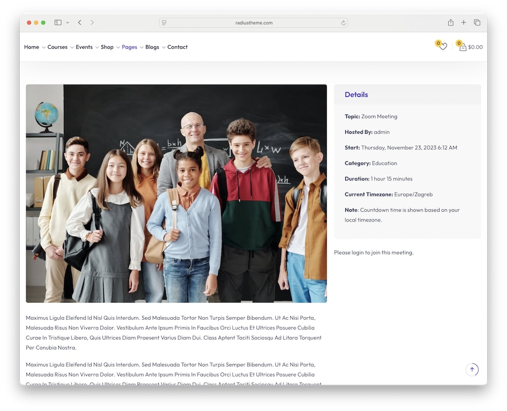 quiklearn wordpress theme zoom meeting integration