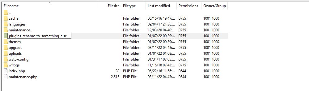 rename wordpress plugin folder with ftp