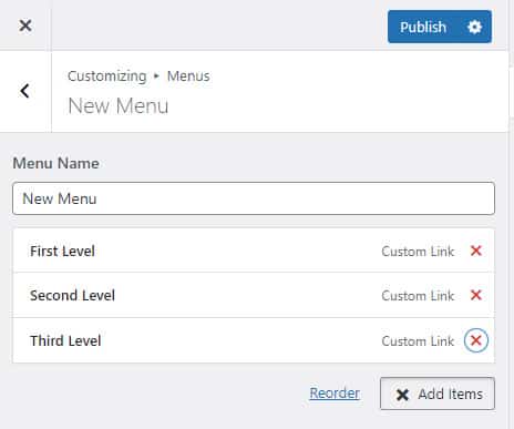 reorder menu items with wordpress customizer