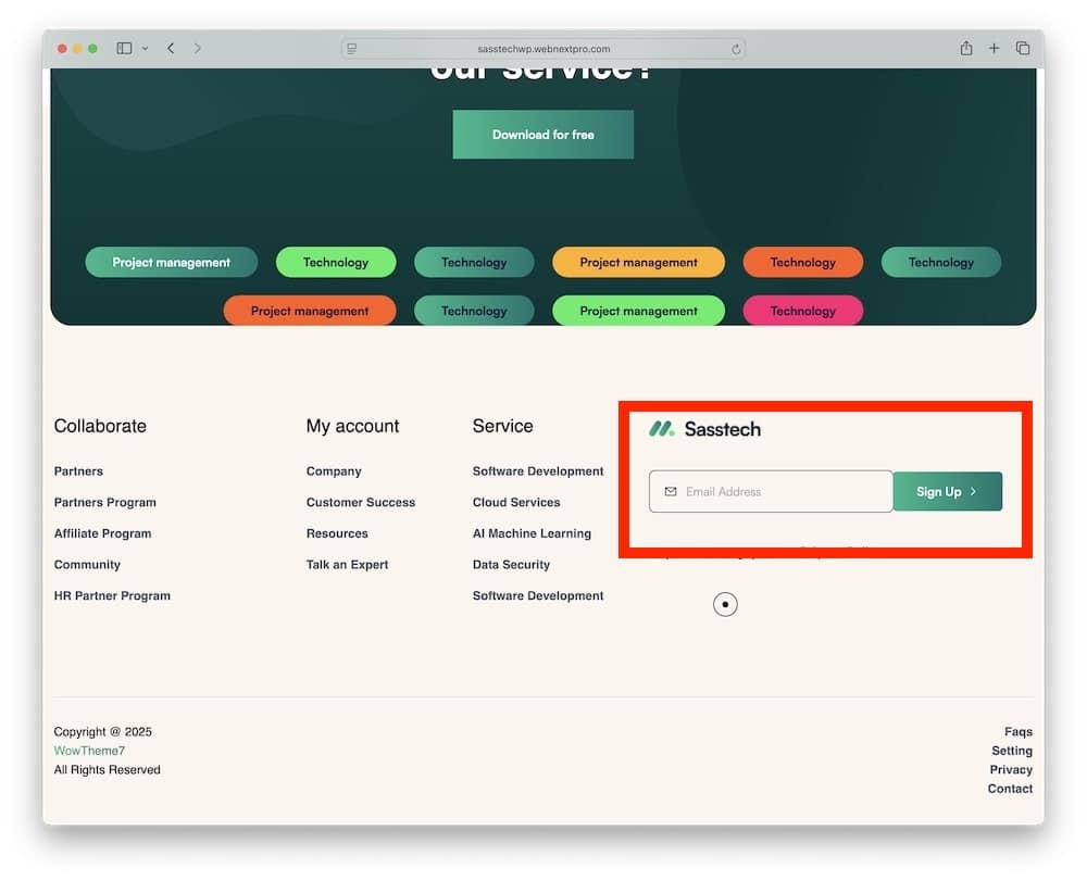 sasstech wordpress theme contact and newsletter forms