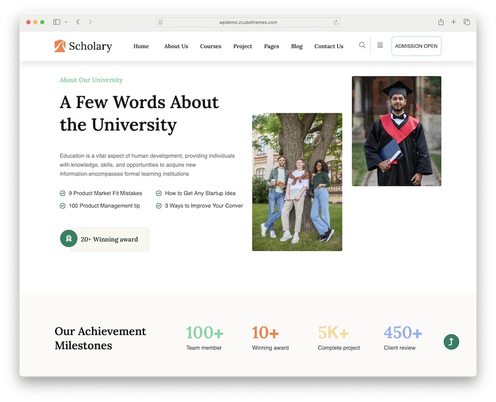 scholary wordpress theme home and internal demo layouts