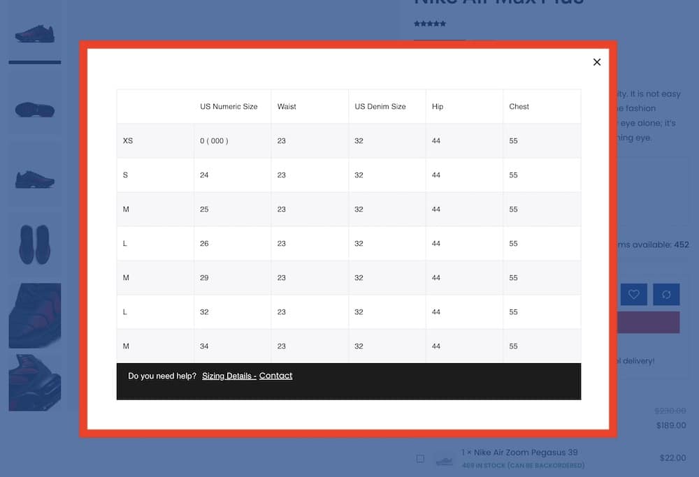 sports product size guides