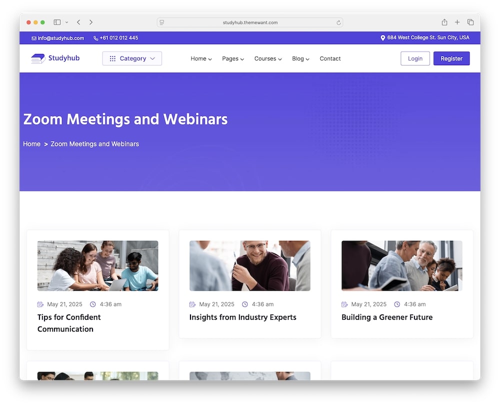 studyhub wordpress theme zoom meetings compatibility