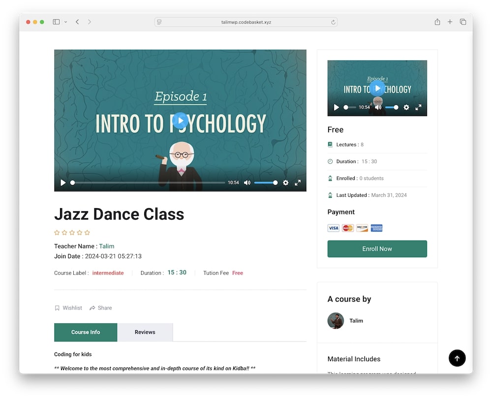talim wordpress theme learnpress support