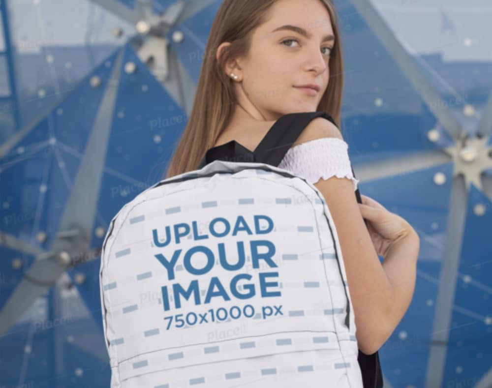 teenager with a backpack over her shoulder mockup