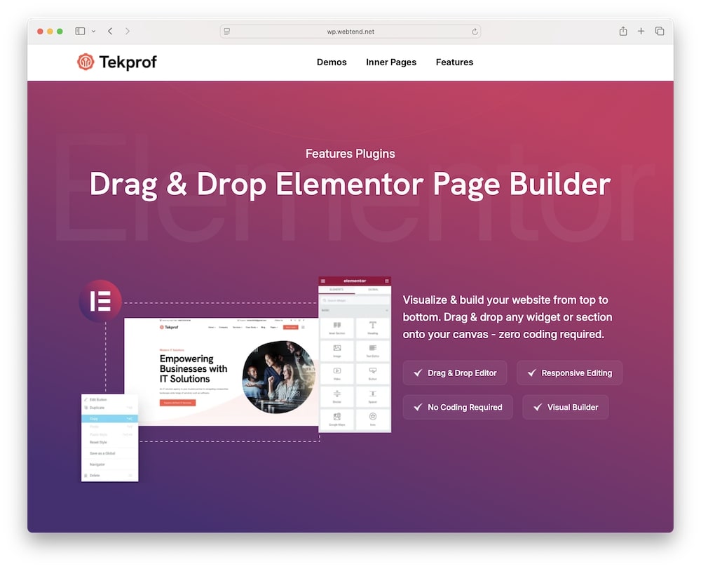 tekprof wordpress theme elementor integration