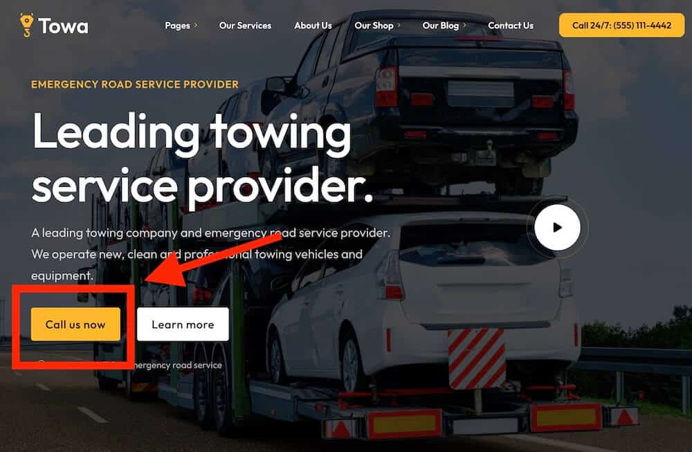 towing wordpress theme should have clear emergency cta