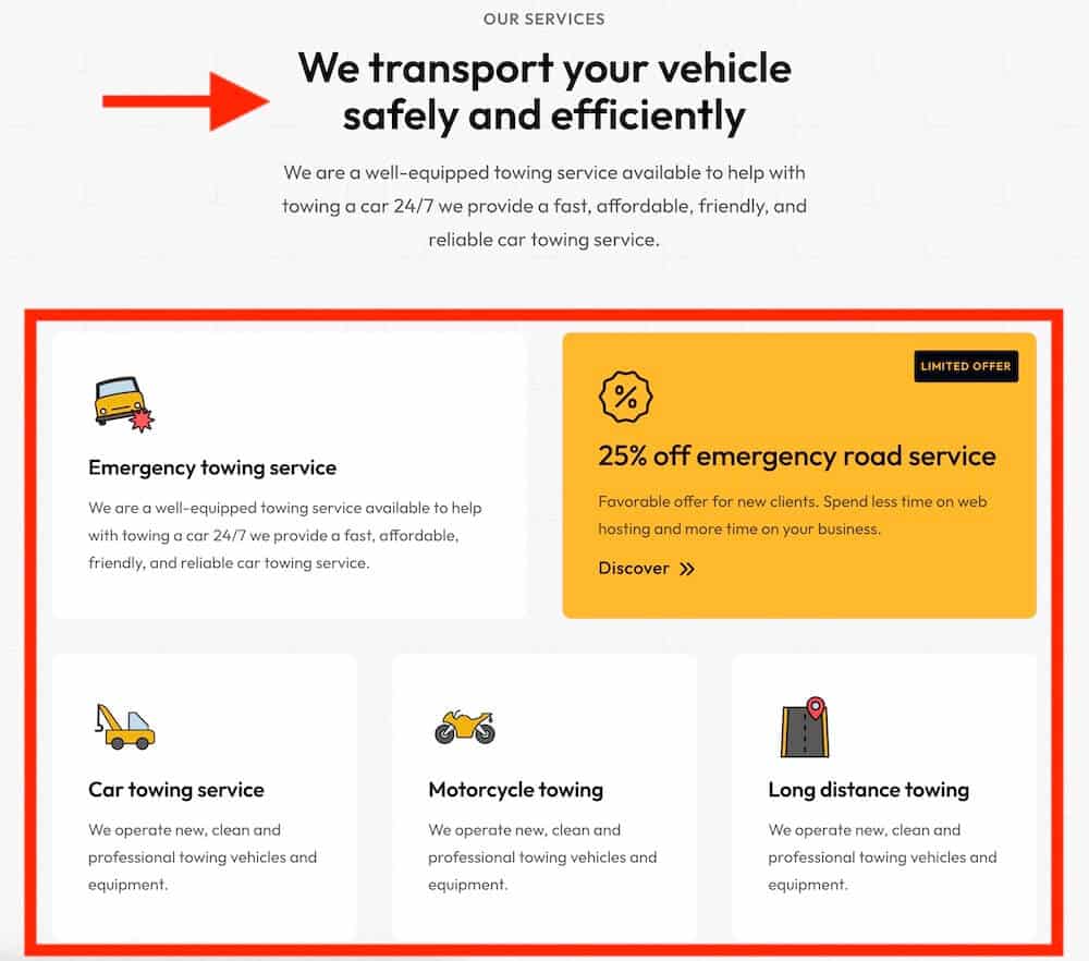 towing wordpress theme should have service area