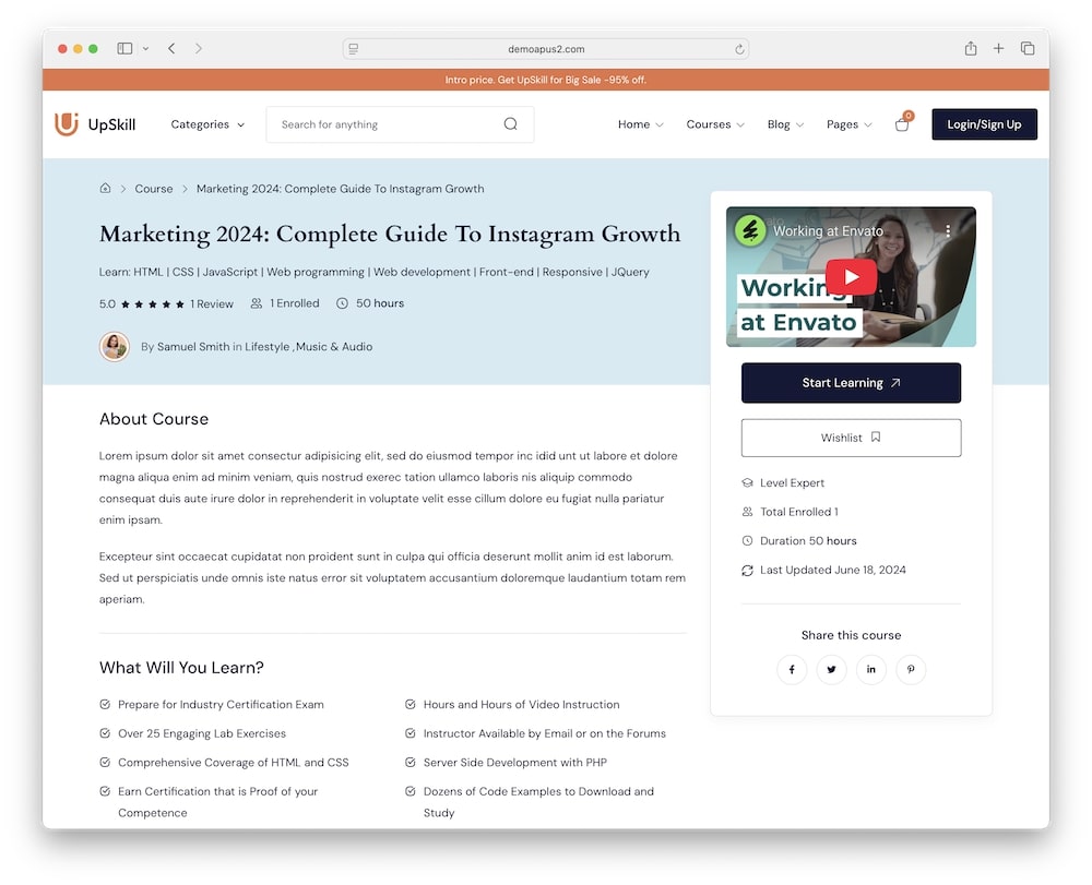 upskill wordpress theme tutor lms integration