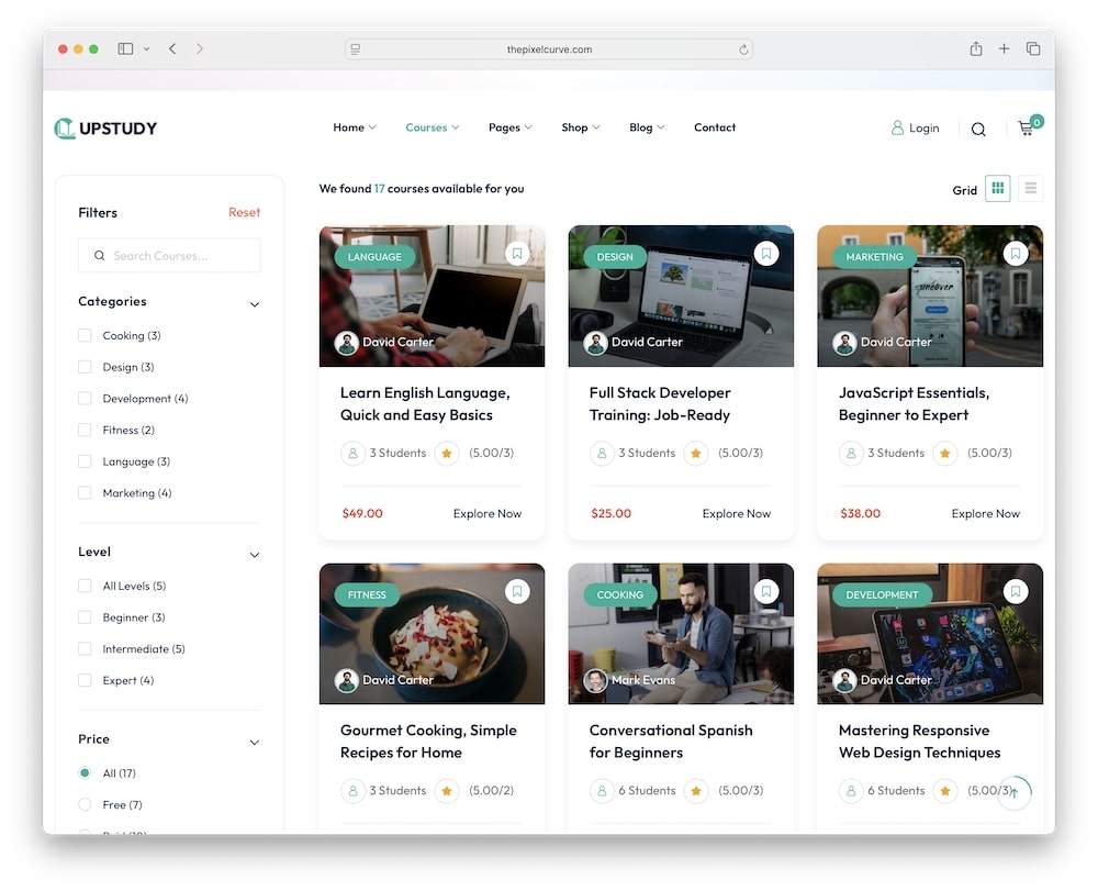 upstudy wordpress theme course filtering