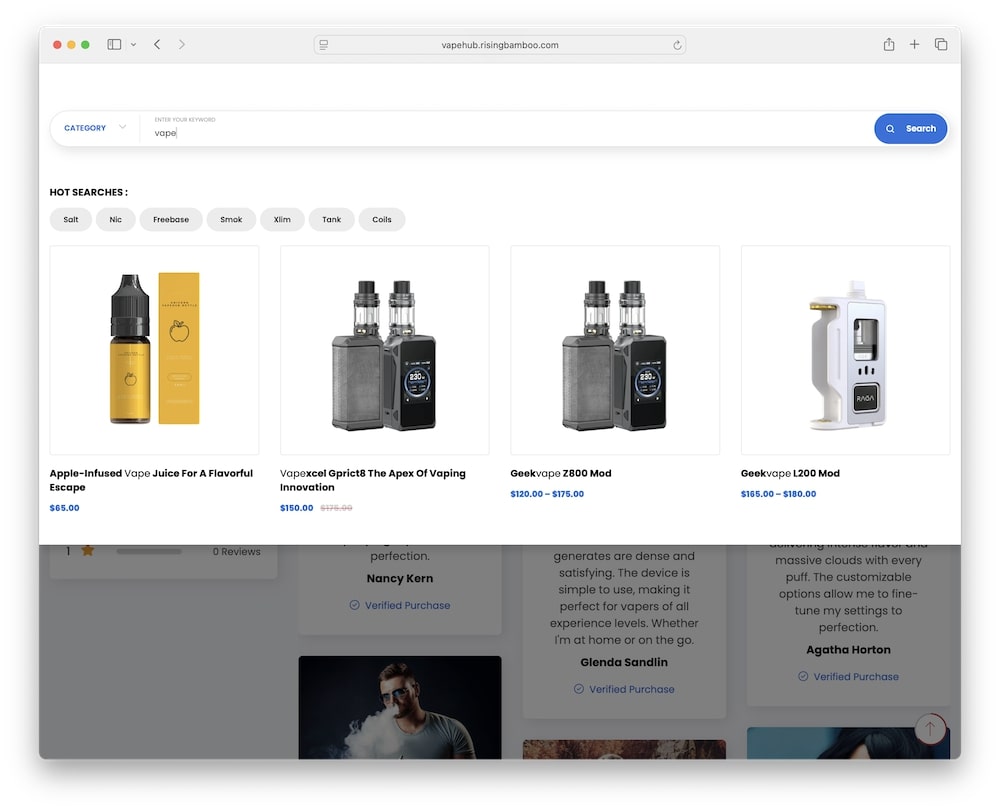 vapohub wordpress theme live search