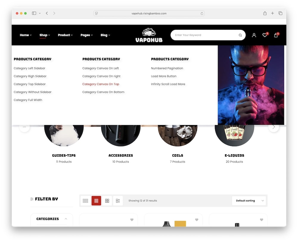 vapohub wordpress theme mega menu