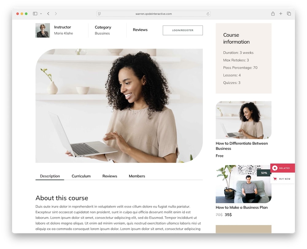 warren wordpress theme built-in lms modules