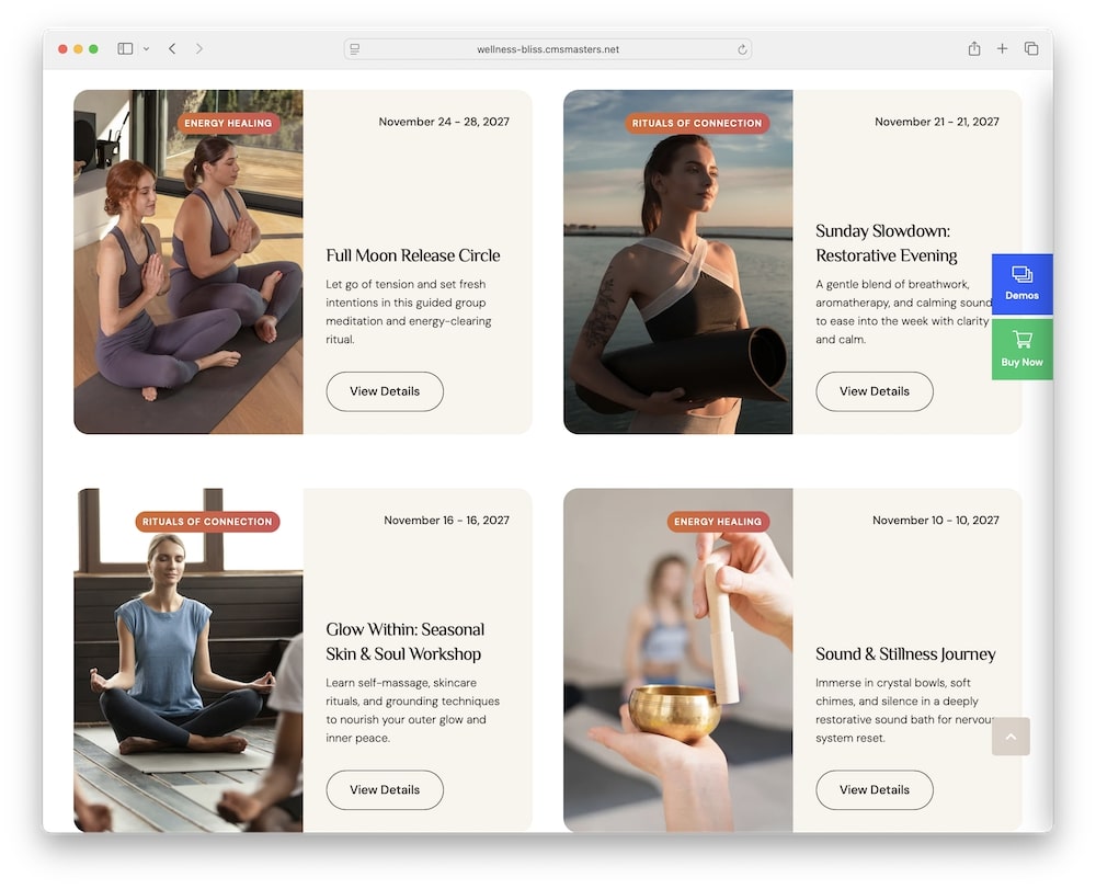 wellness bliss wordpress theme events calendar integration