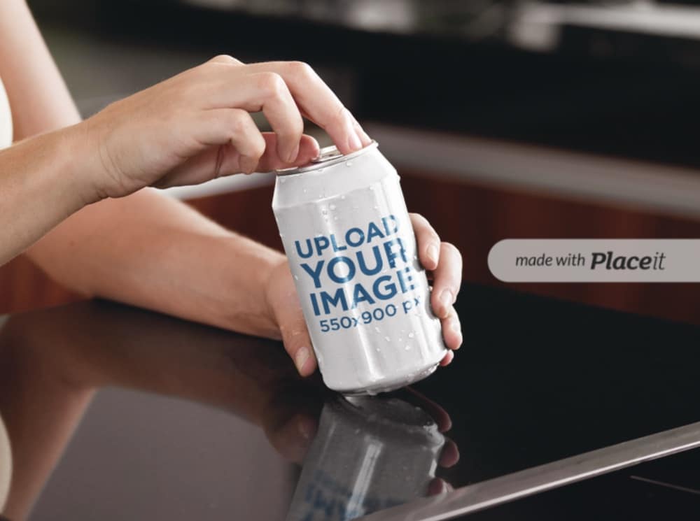 woman opening a soda can mockup