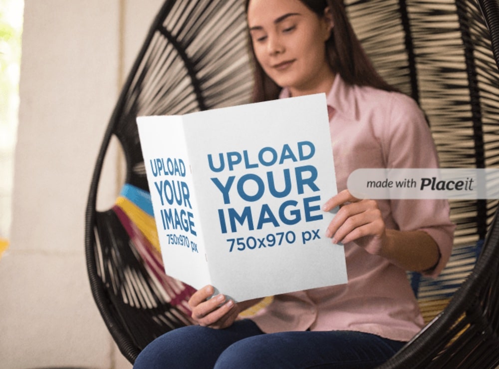 woman reading a booklet mockup