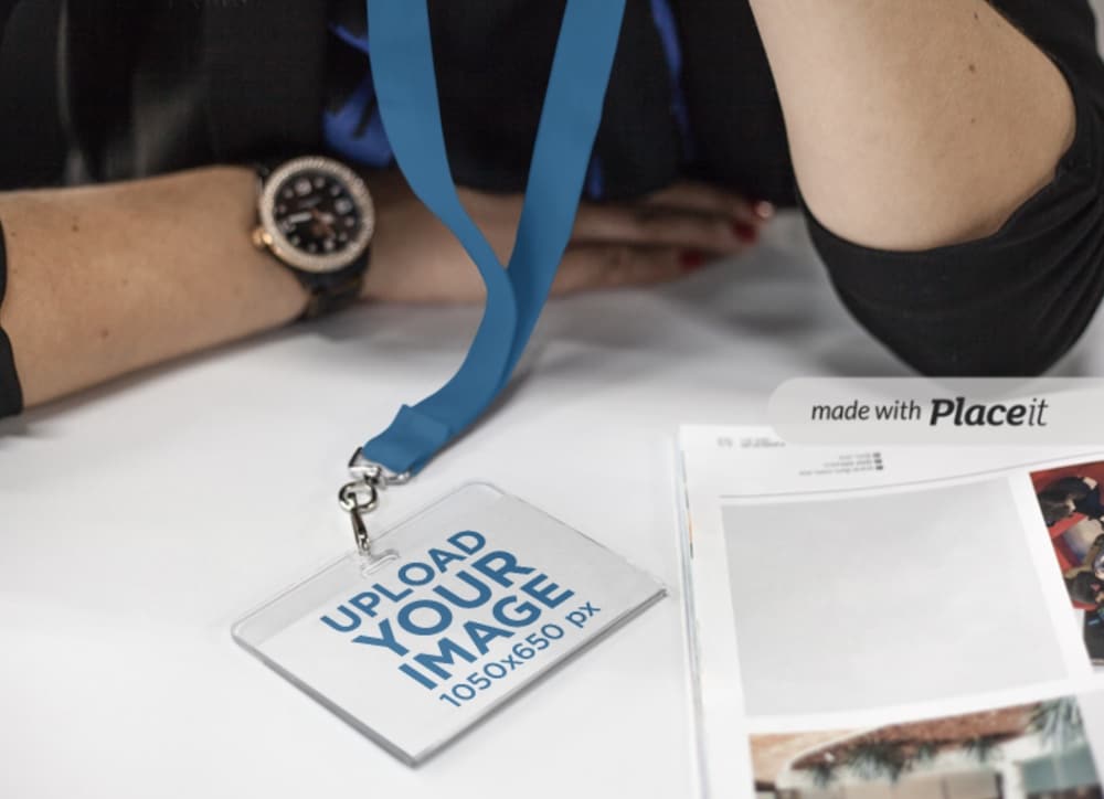 woman with an id card holder at the office mockup