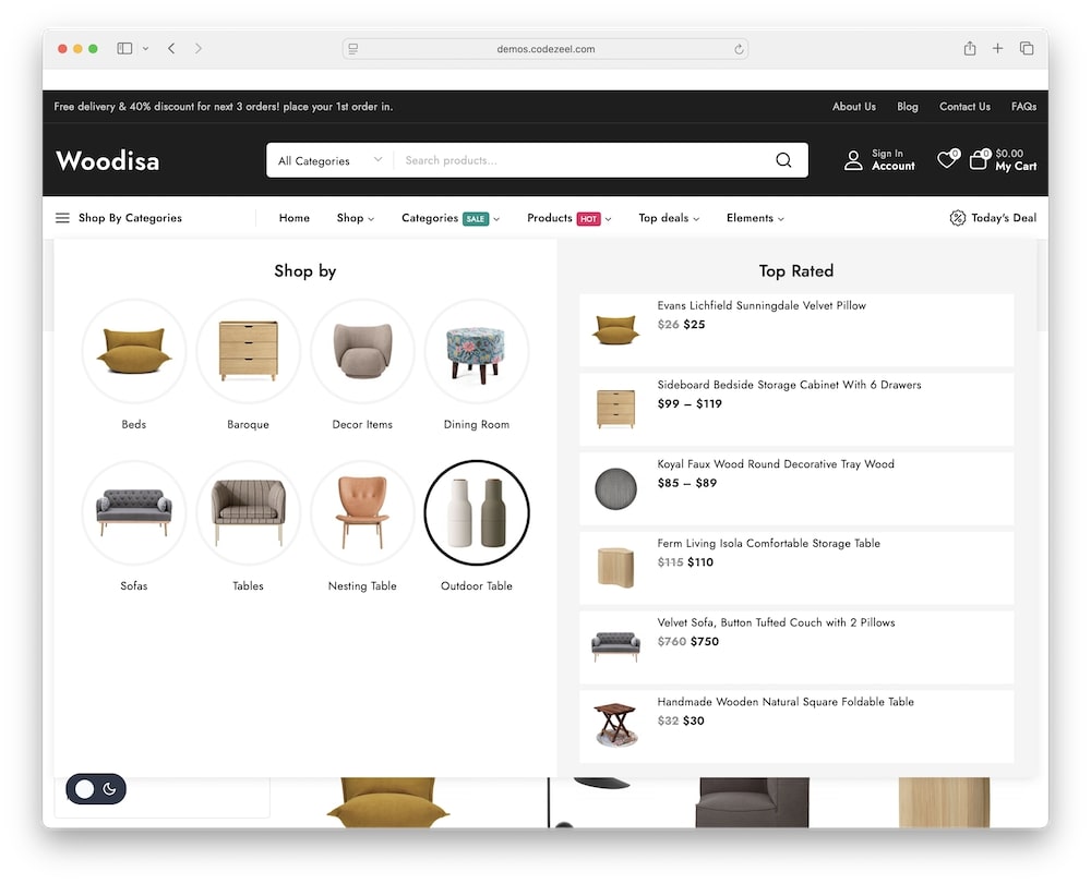 woodisa wordpress theme mega menu navigation