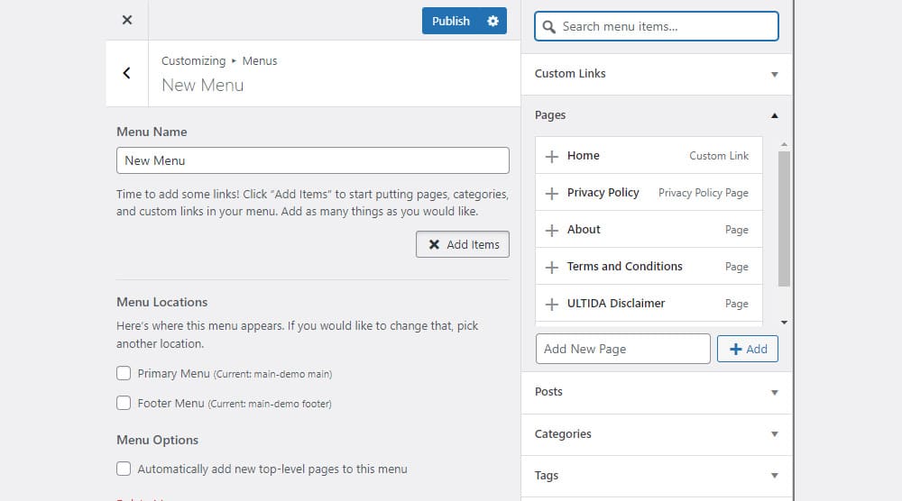 wordpress customizer add new menu items